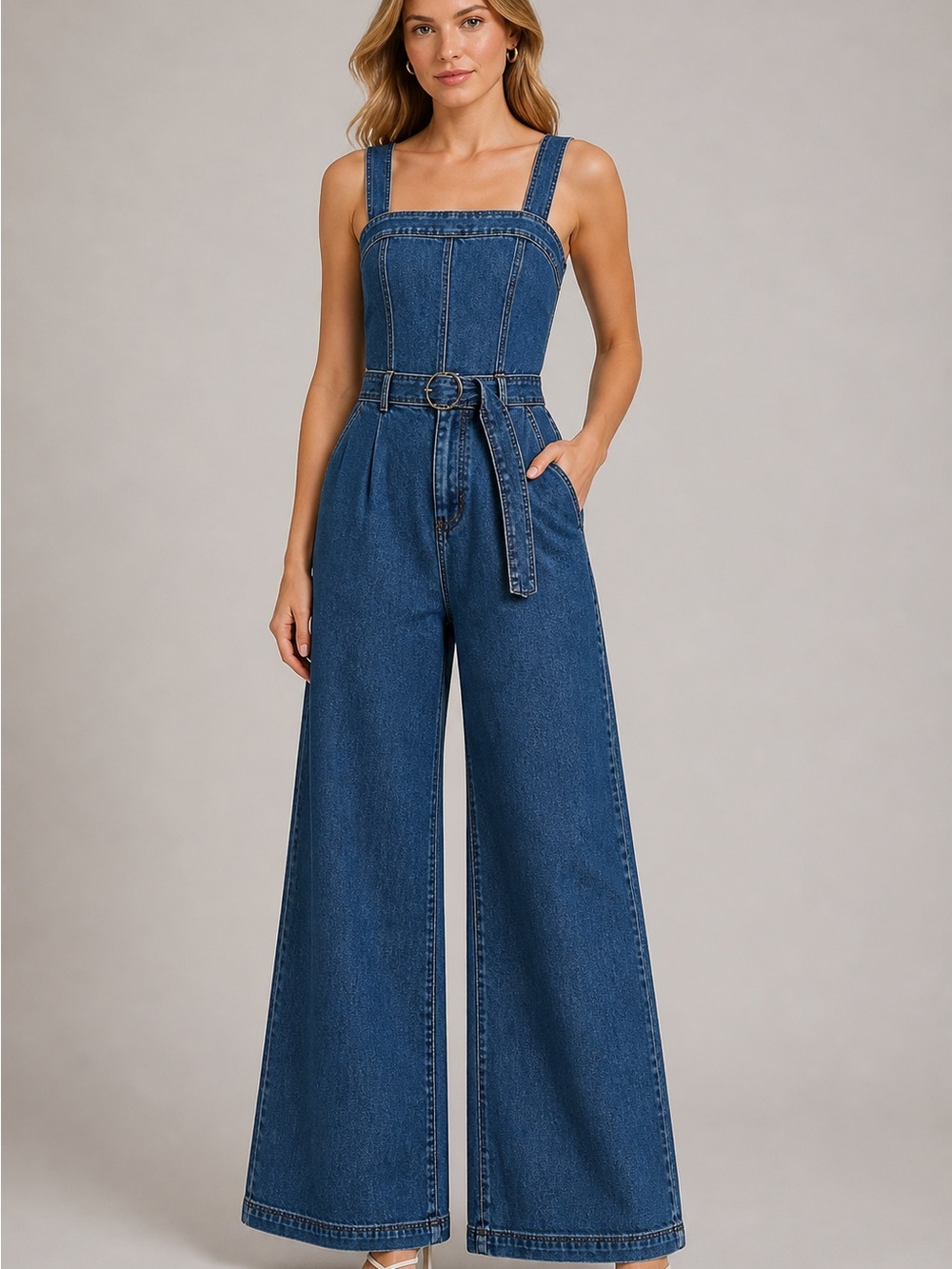 Avec Les Filles Denim Jumpsuit Wide Leg Belted Medium Wash Size M EUC